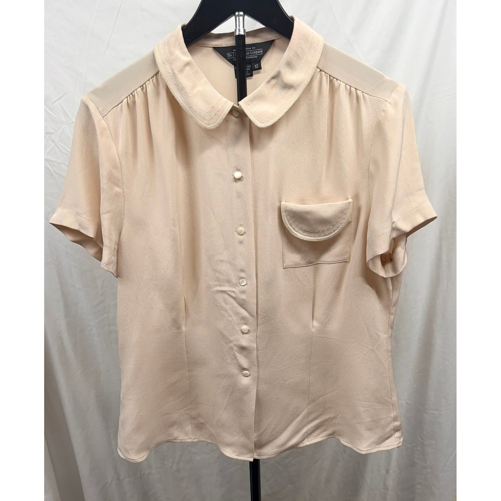 J Peterman Company 100% Silk Blouse Cream Peter Pan Collar Pick Stitch Size 12